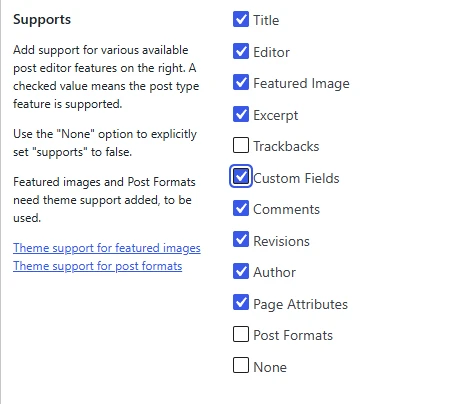 Select all options for Supports option CPT UI Add/edit Post Type