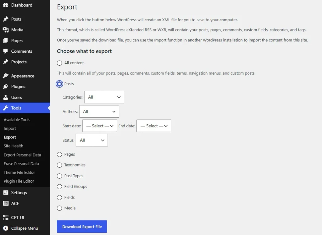 How to export posts from wordpress