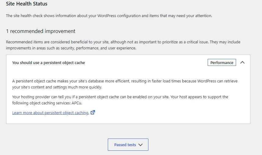 Persistent Object Cache WordPress Warning: How to Easily Fix It in Site Health 1 Persistent Object Cache WordPress Warning.