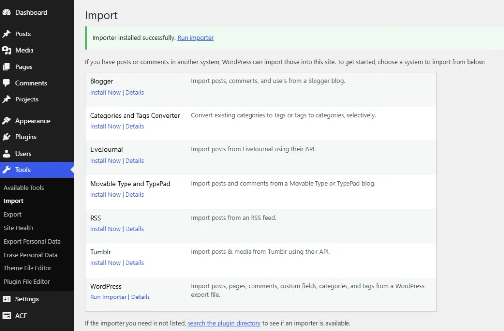 Run importer tool for wordpress posts and media import