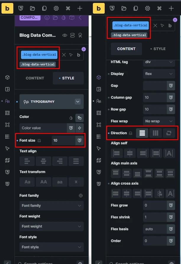 Vertical alignment class with 10px font size property and flex direction to column