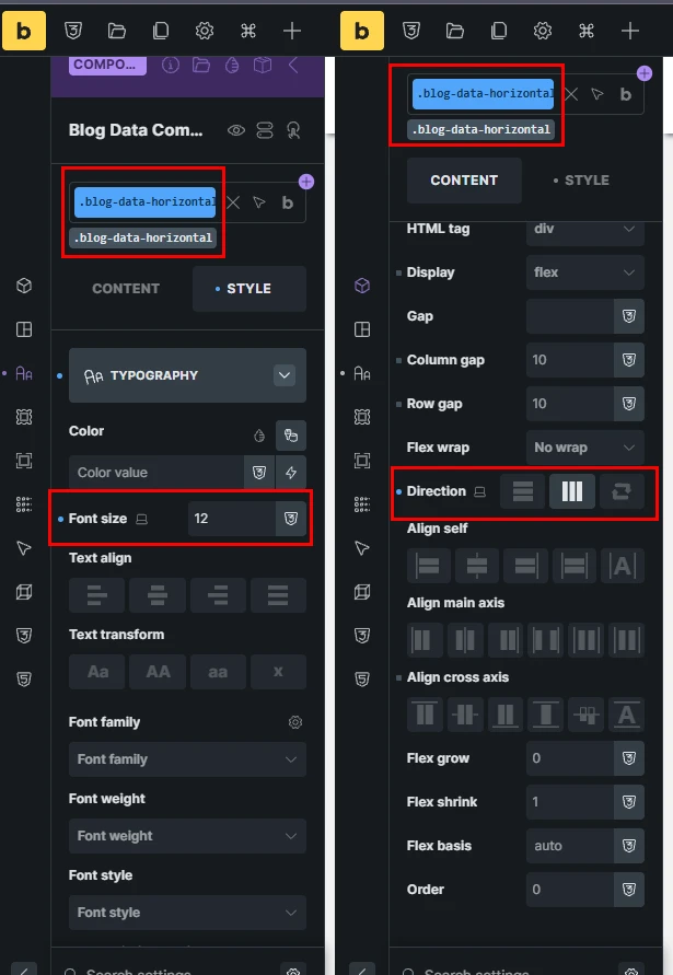 Horizontal alignment class with 12px font size property and flex direction to column