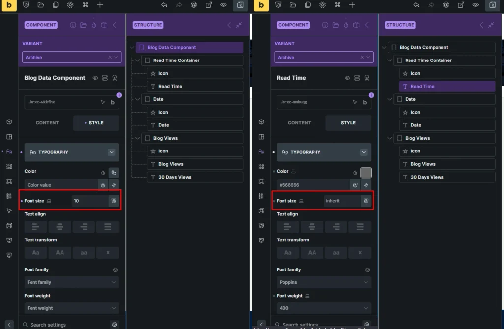 Elements inheriting value from the container settings