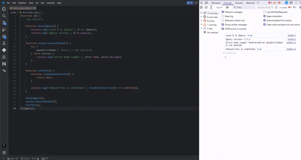 What Is “use strict” in jQuery? The Essential JavaScript Strict Mode Guide 1 IIFE function to see the console code - use strict mode in jquery