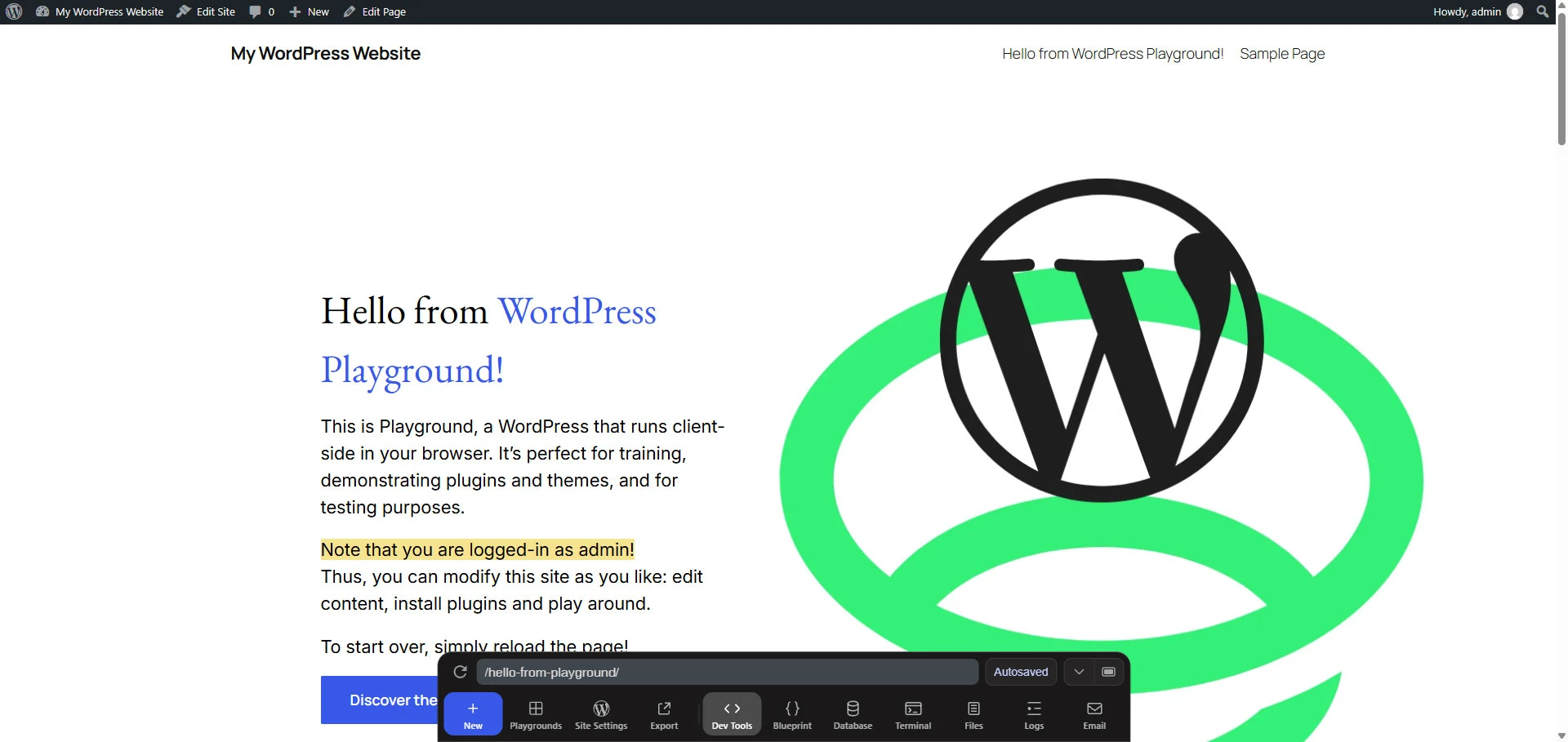 WordPress Playground runs a disposable WordPress site directly in the browser.