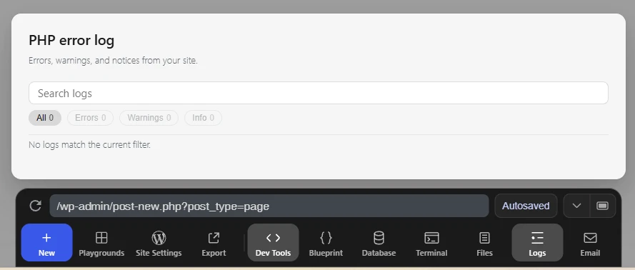 Wordpress Playground Site Logs to check whether any problems