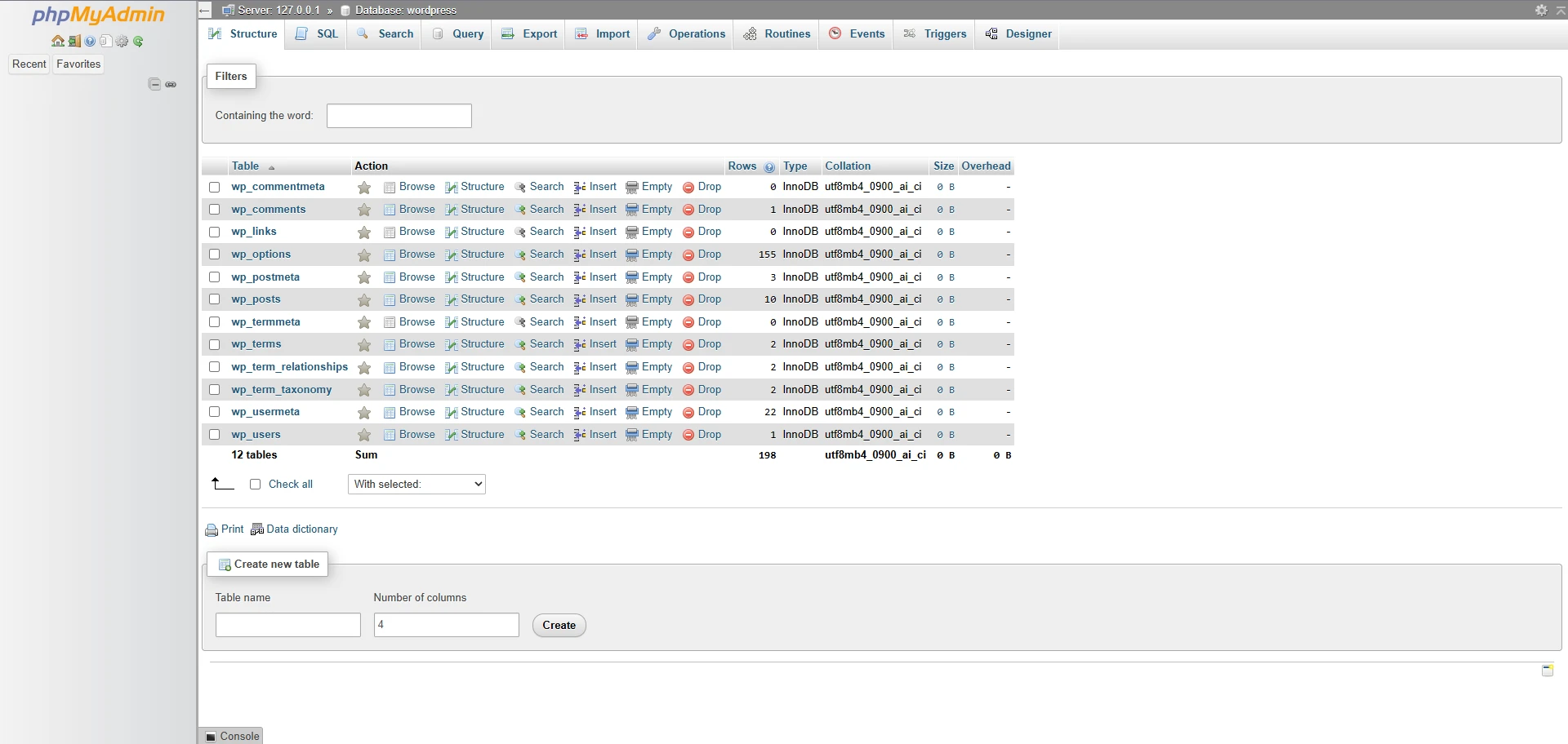Wordpress Playground phpMyAdmin Screen