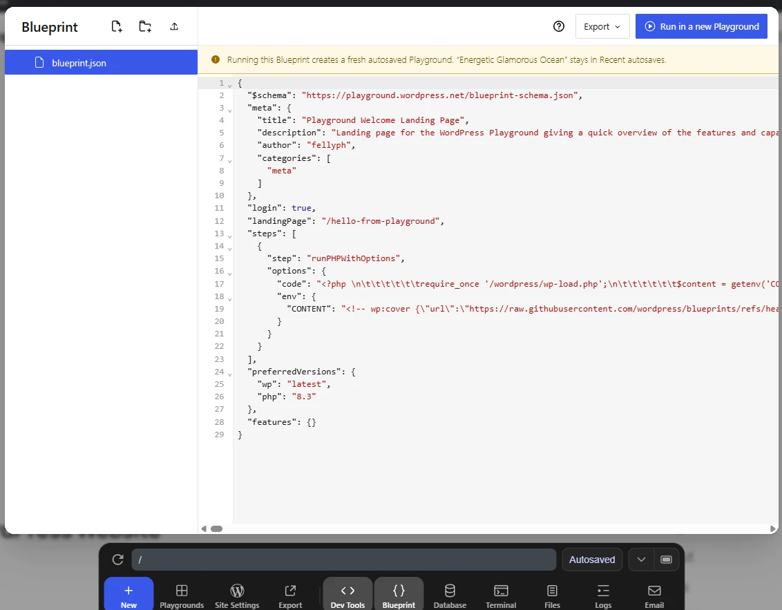 Wordpress Playground Blueprints Screen