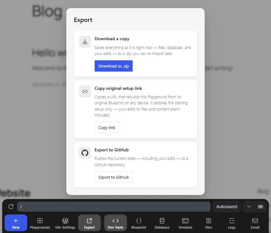 Wordpress Playground Export Screen